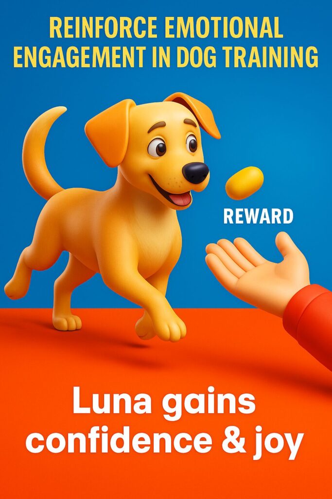 3D CGI image of a sad, shiny-furred animated dog laying on the floor under a soft light, displaying why a dog shuts down during training with a worried expression, surrounded by colorful emotional icons. The background features bright, contrasting primary colors and a hopeful tone.