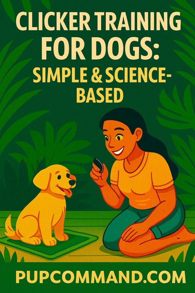Jungle-themed Pinterest pin featuring a woman clicker training her puppy with the headline “Clicker Training for Dogs: Simple & Science-Based” and PupCommand.com branding.
