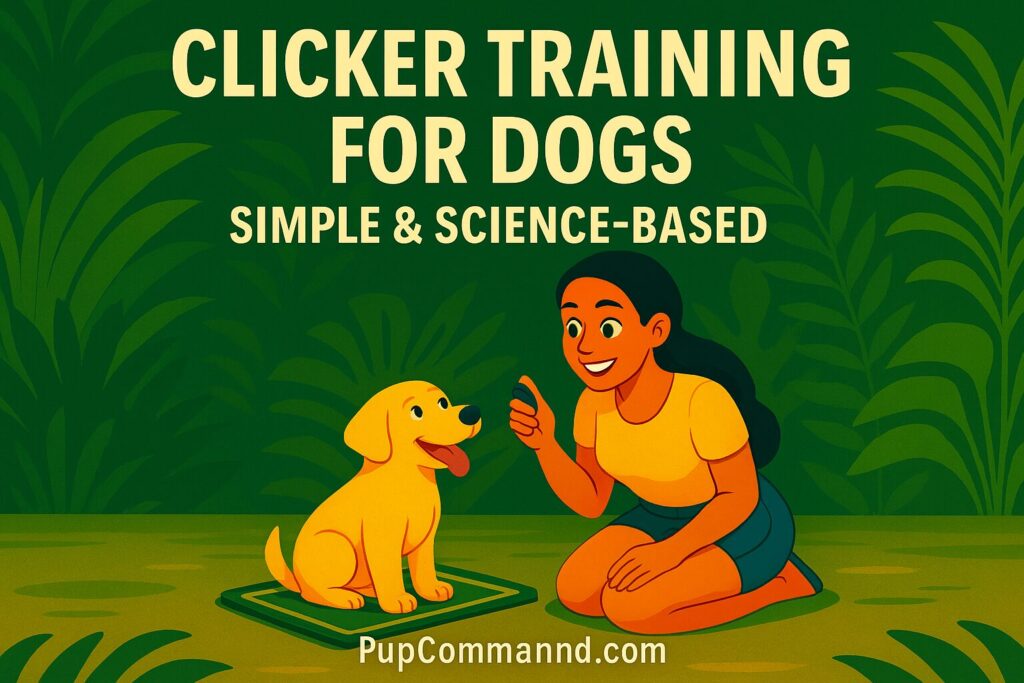 Young woman using clicker to train a happy dog outdoors with PupCommand.com branding – promoting science-based positive reinforcement.