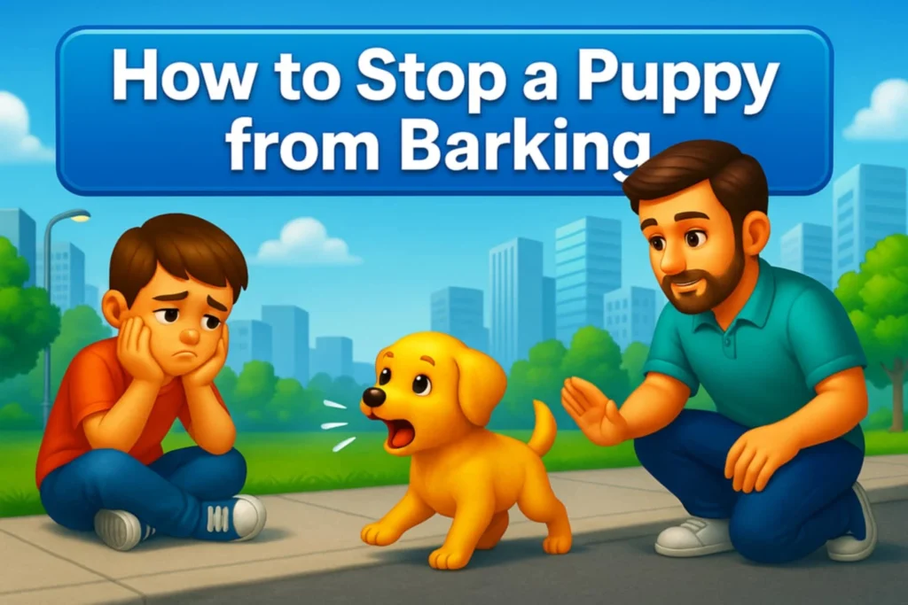 3D cartoon puppy barking with bold title “How to Stop a Puppy from Barking – Calm Solutions That Work”
