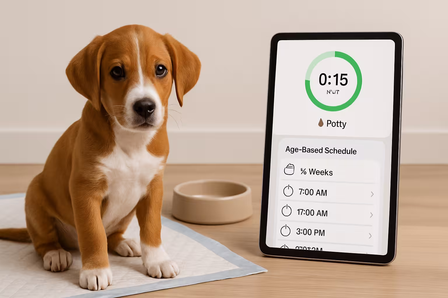 Happy puppy sitting on a colorful rug