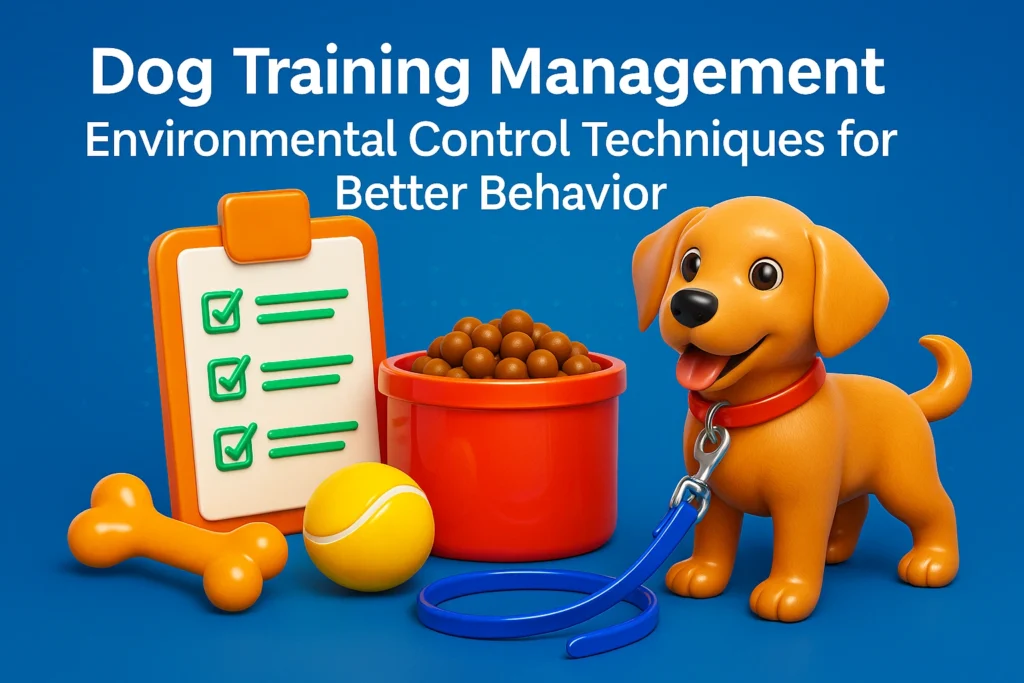 3D illustration showing a dog training management scene with environmental control elements like barriers, visual markers, and controlled space settings.