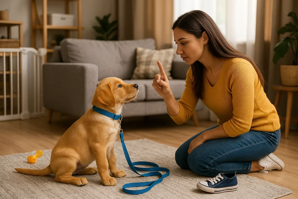 A realistic photo of a calm dog in a tidy living room, symbolizing environmental management in dog training