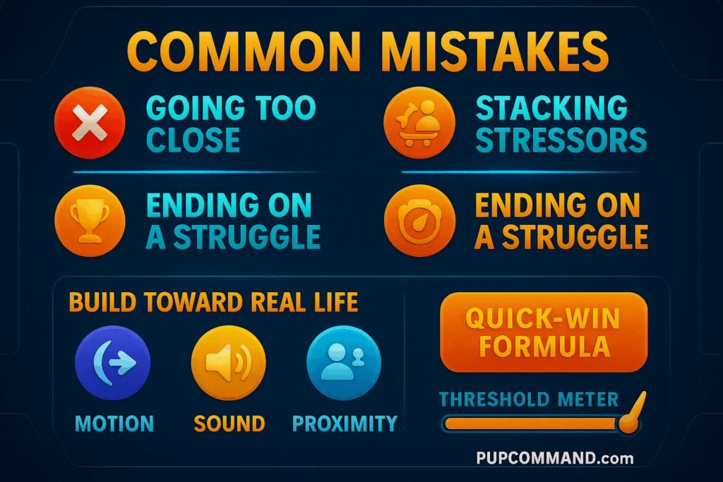 Colorful infographic of common mistakes in threshold management with icons and quick fixes.
