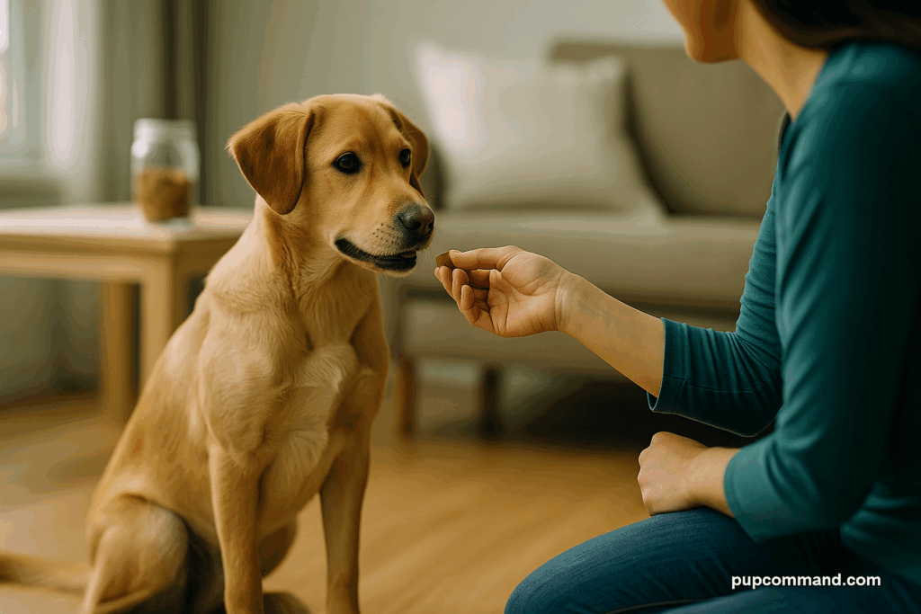 Trainer rewards a calm dog for keeping all four paws on the floor as guests approach—positive reinforcement to stop dog jumping on people.

