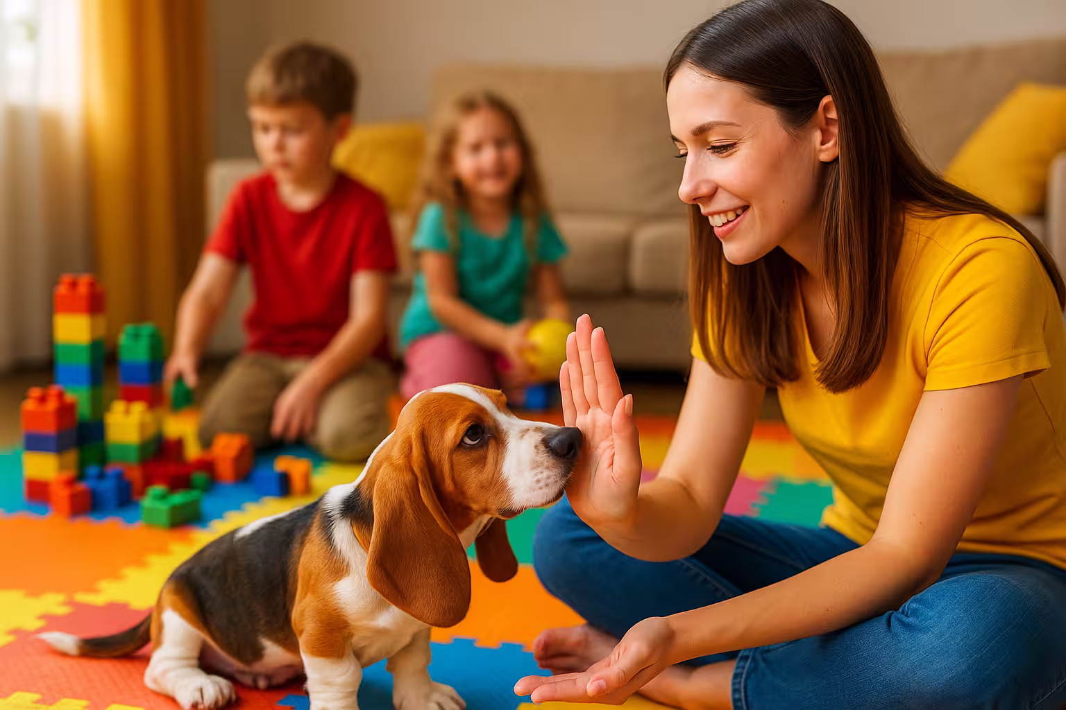 A puppy interacting gently with a child, highlighting positive socialization.