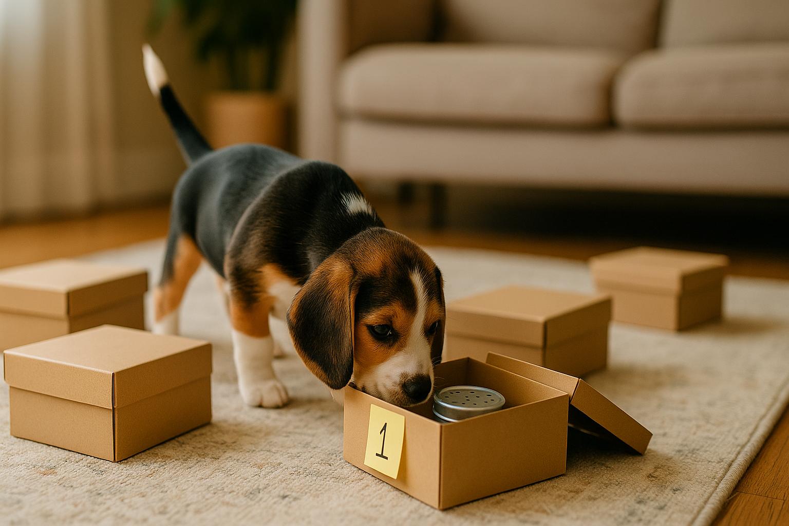 Puppy searching a row of boxes for hidden treats