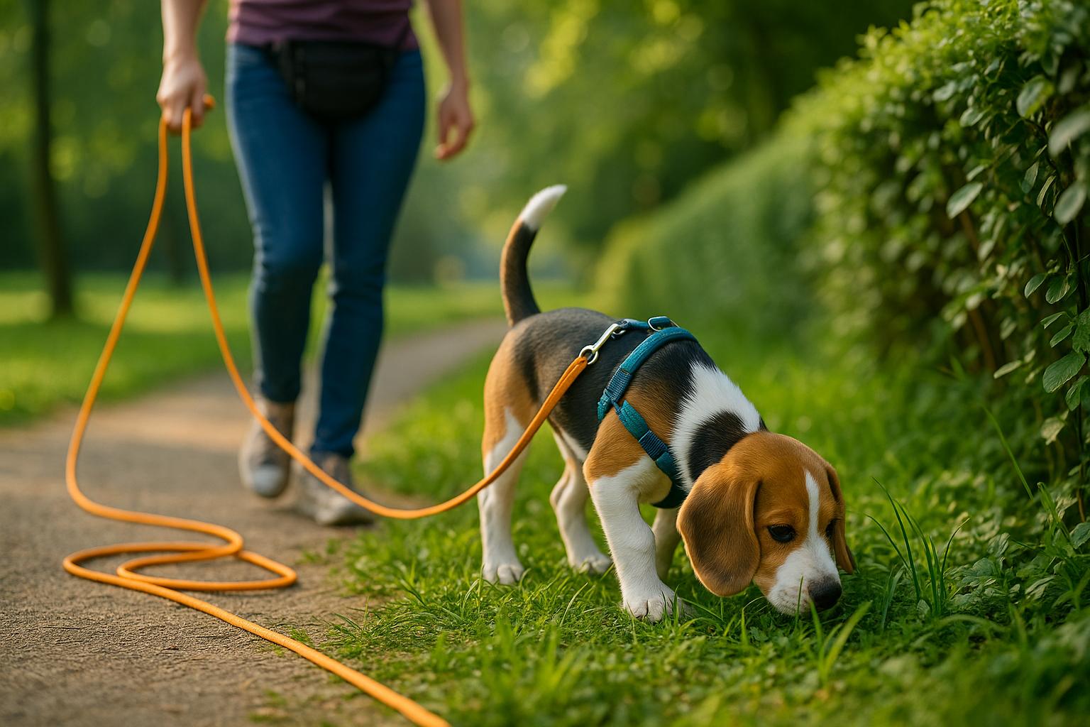 A close-up of a front-clip harness on a dog, which is a recommended tool for leash training.