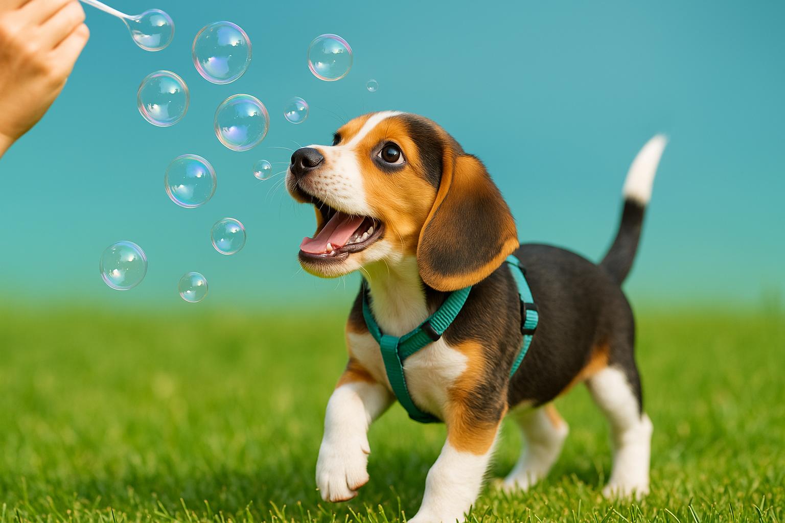 A joyful puppy with floppy ears leaping to catch a pet-safe bubble in a sunny backyard.