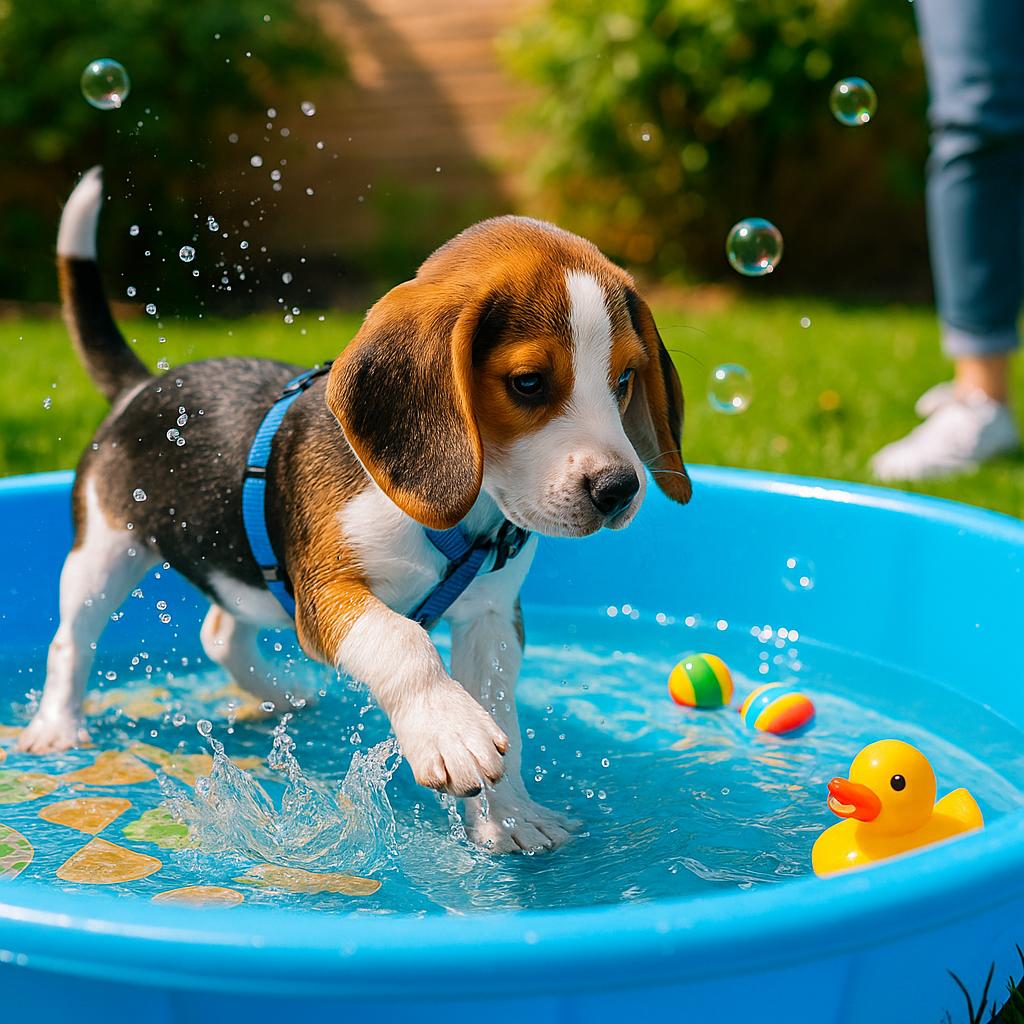 A happy golden retriever splashing joyfully in a blue kiddie pool on a sunny day.