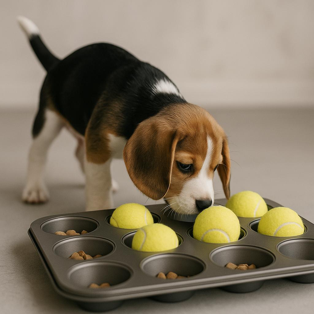 Beagle puppy sniffing a muffin tin puzzle with tennis balls covering treat-filled cups on a floor