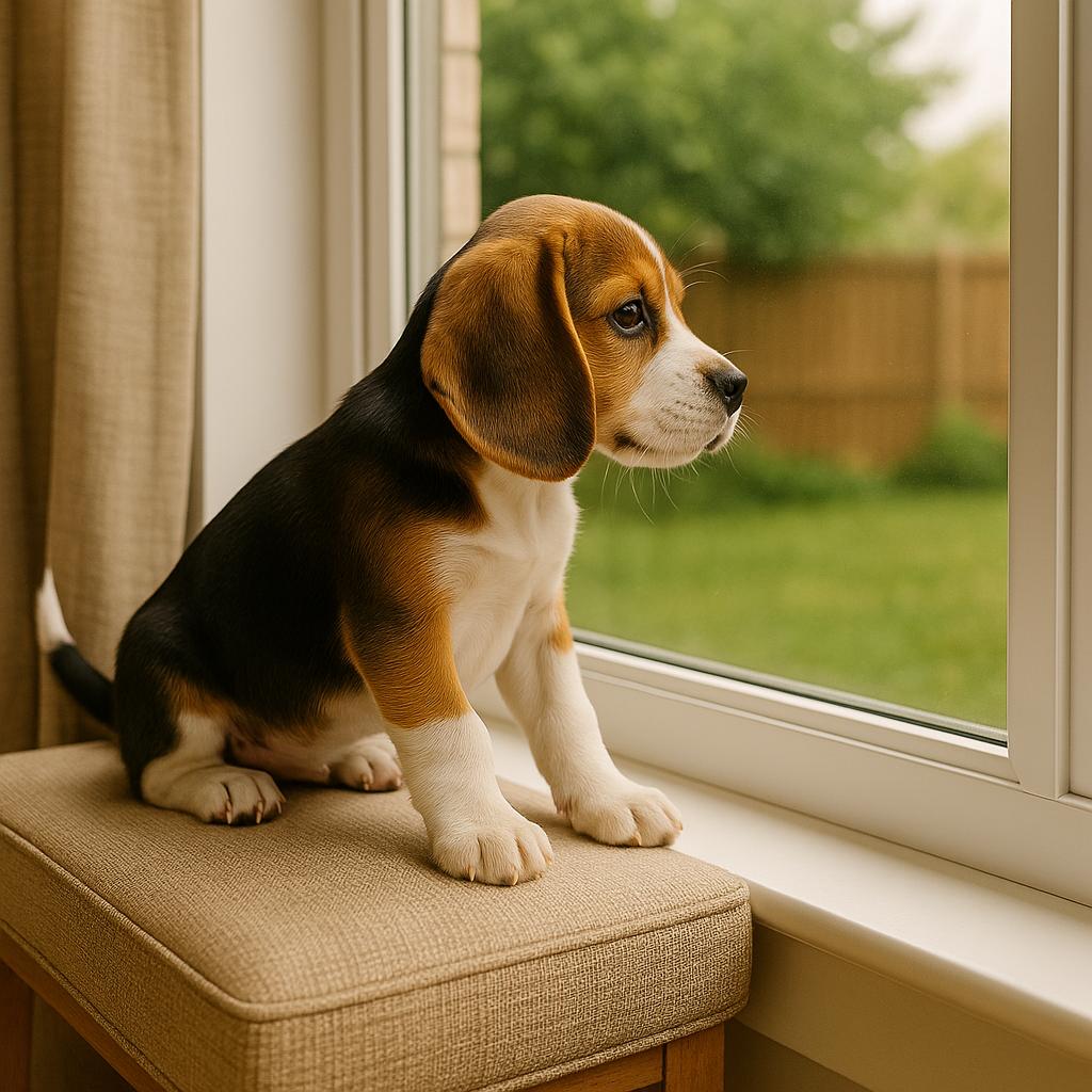 Dog stepping off a sofa to the floor on cue