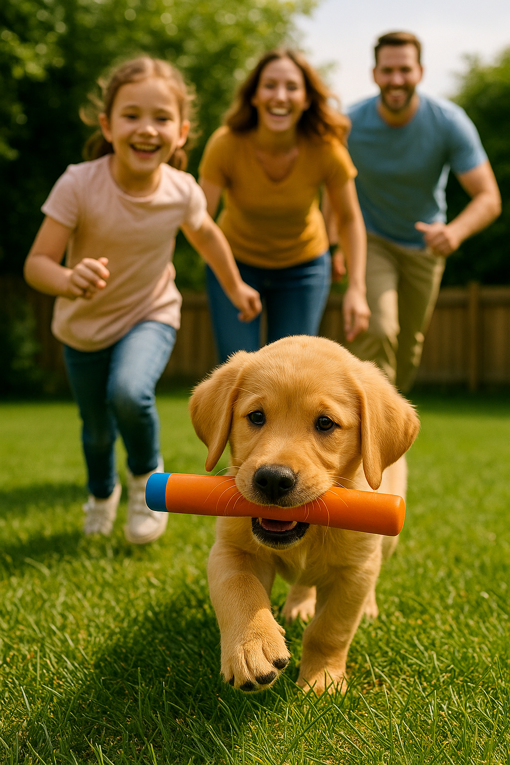 Family Relay Play: a dog joyfully running between family members indoors during a recall game.