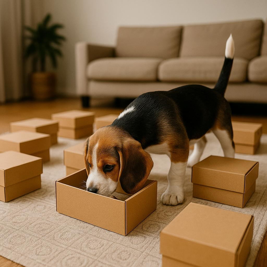 Dog foraging through a cardboard box maze at home