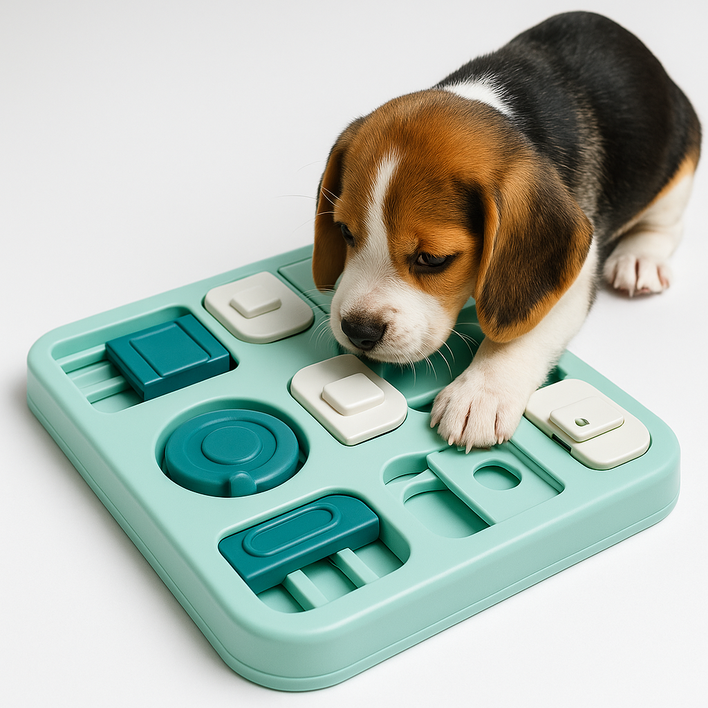 Dog manipulating a complex puzzle feeder on a mat