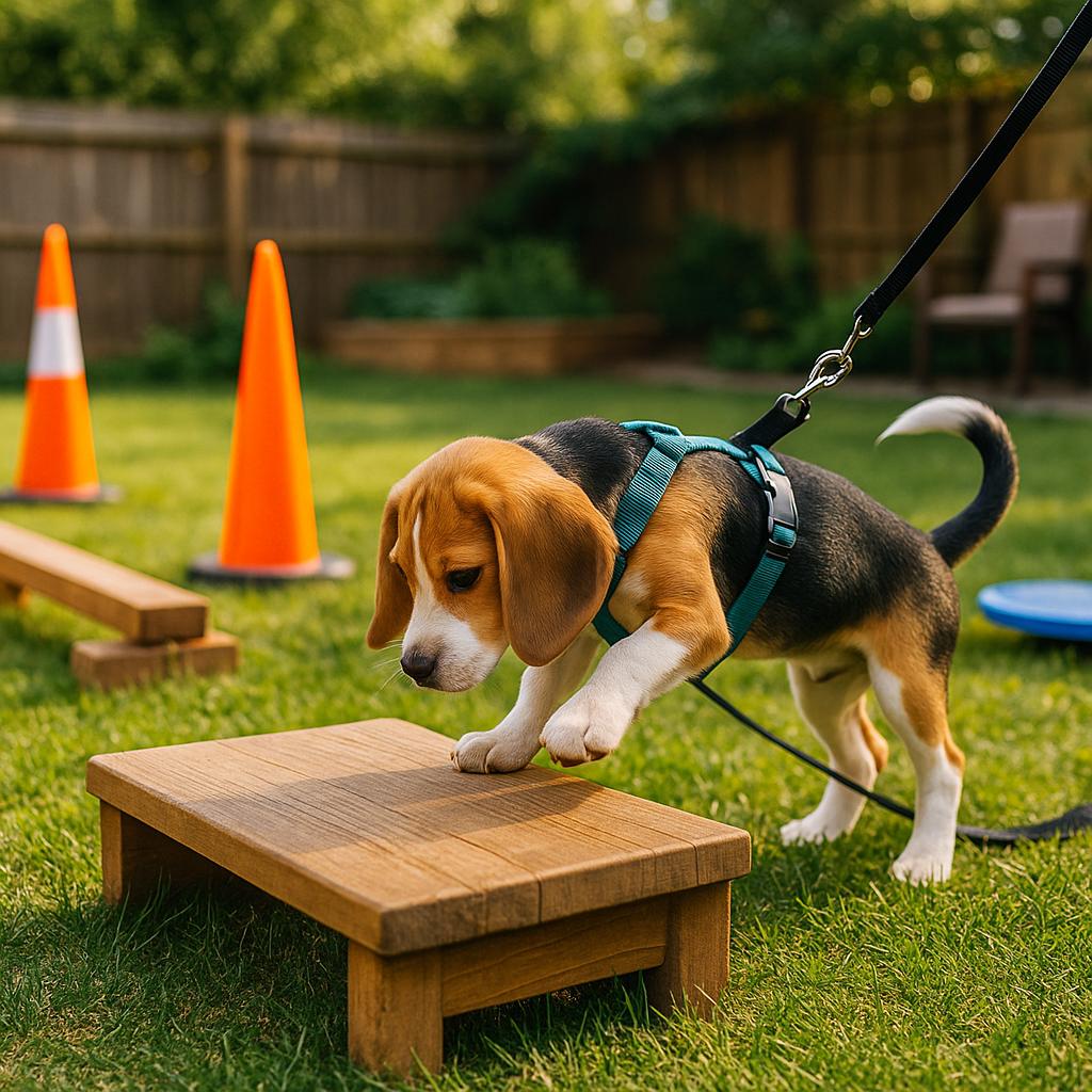 Illustration of a happy dog sitting calmly on a place mat