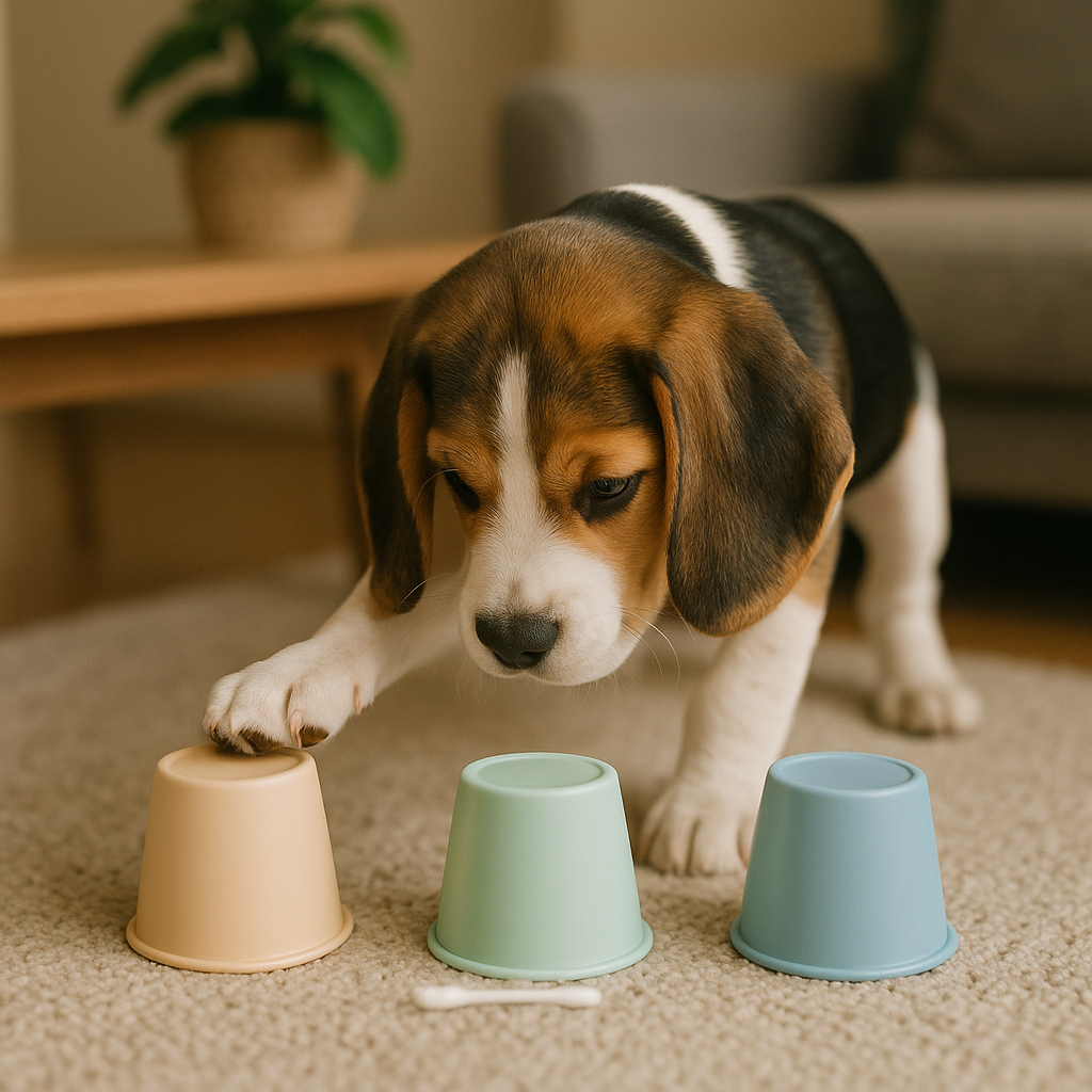 A focused golden retriever about to indicate the correct cup in a game of scented shells.