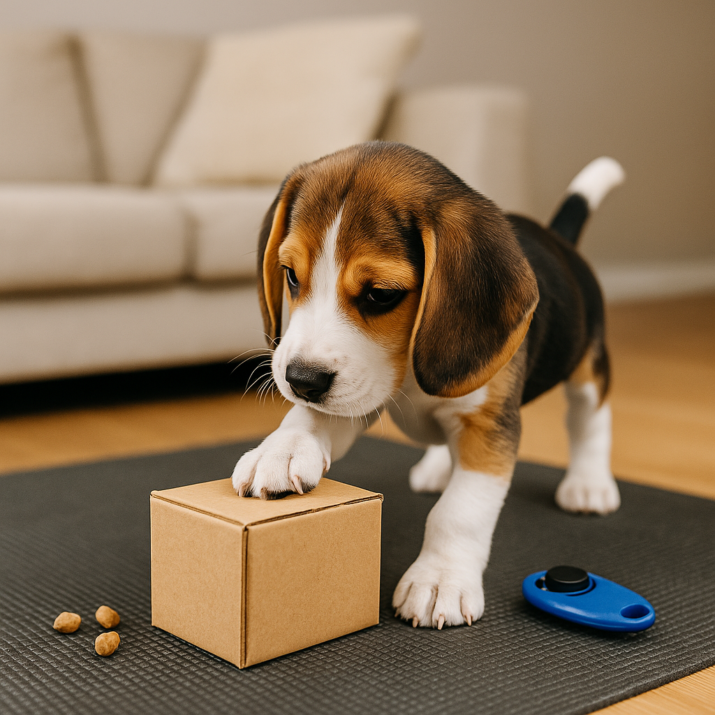 A small terrier mix curiously placing a paw inside a cardboard box as part of the shaping game for dogs.