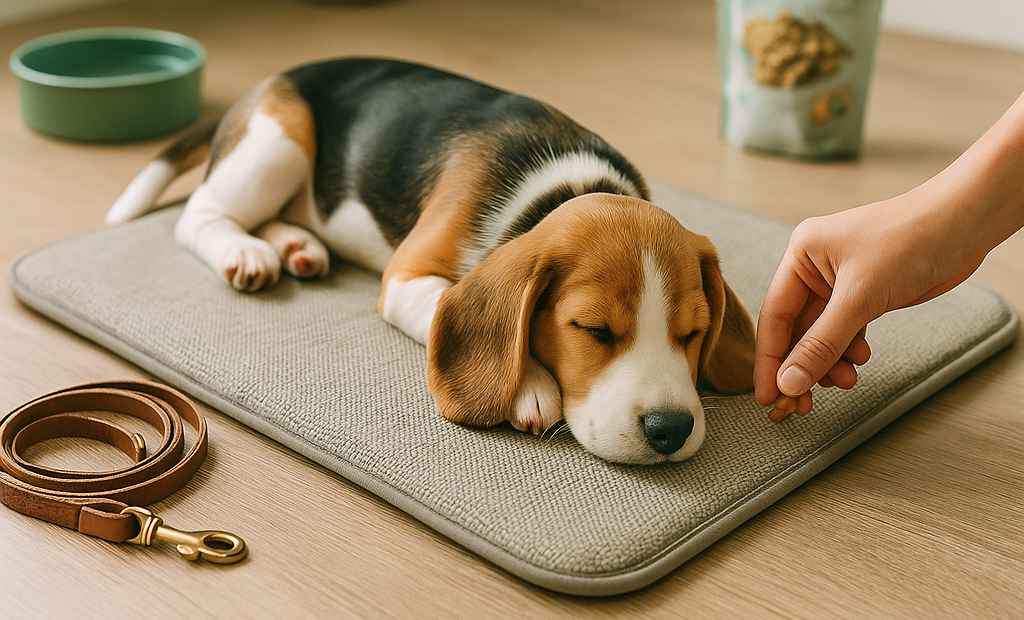 Beagle puppy sleeping through the night on a cozy dog bed beside a nightstand and mug