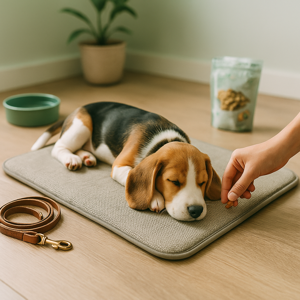 A golden retriever calmly lying on a blue mat, demonstrating successful mat relaxation for dogs.