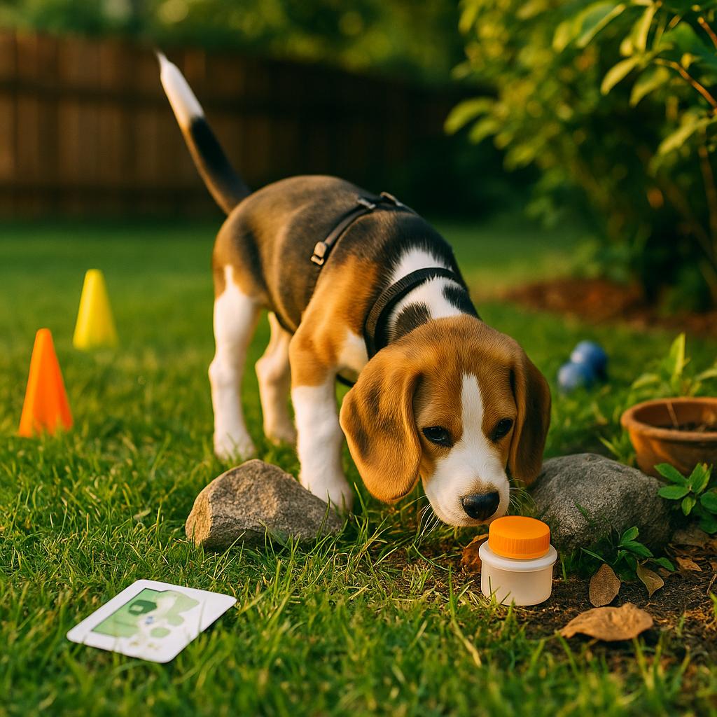 A dog inquisitively sniffing a pot with mint leaves in a Sniff Pot Parade.