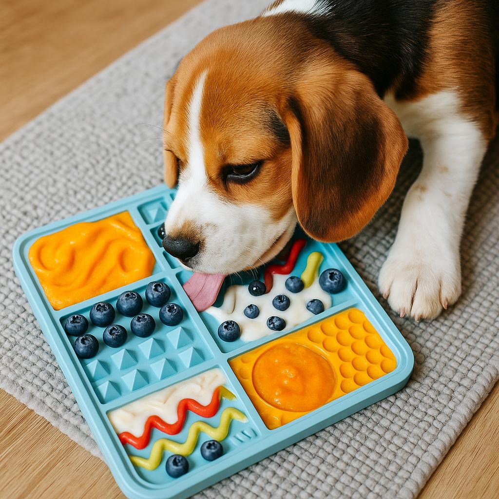 A beautifully arranged lick mat with swirls of pumpkin puree, yogurt, and blueberries, creating a piece of food art for a dog.