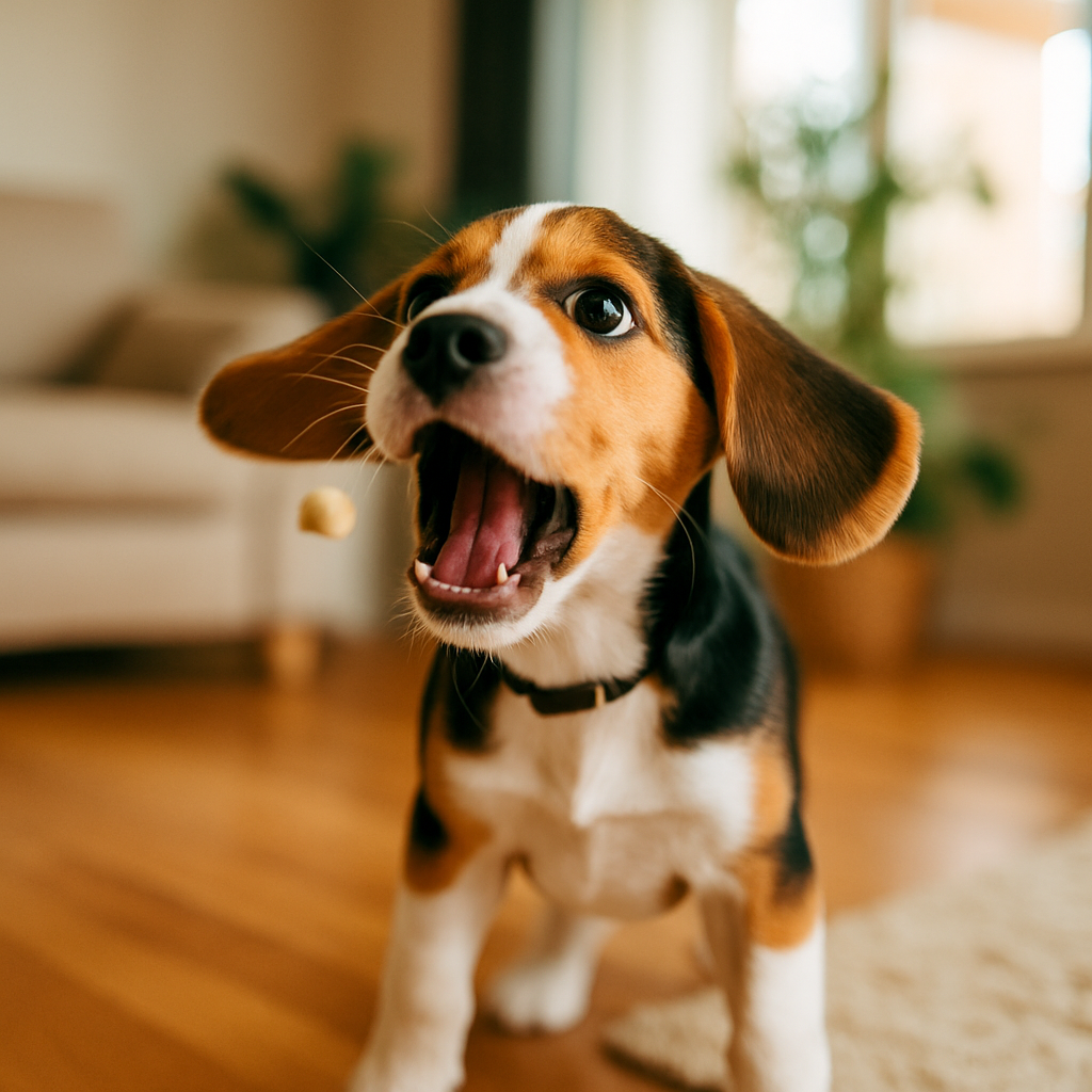 Calm puppy in tidy, puppy-proofed area