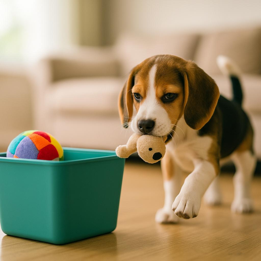 Golden retriever placing a toy into a low-sided basket during a training session to teach a dog to clean up toys.