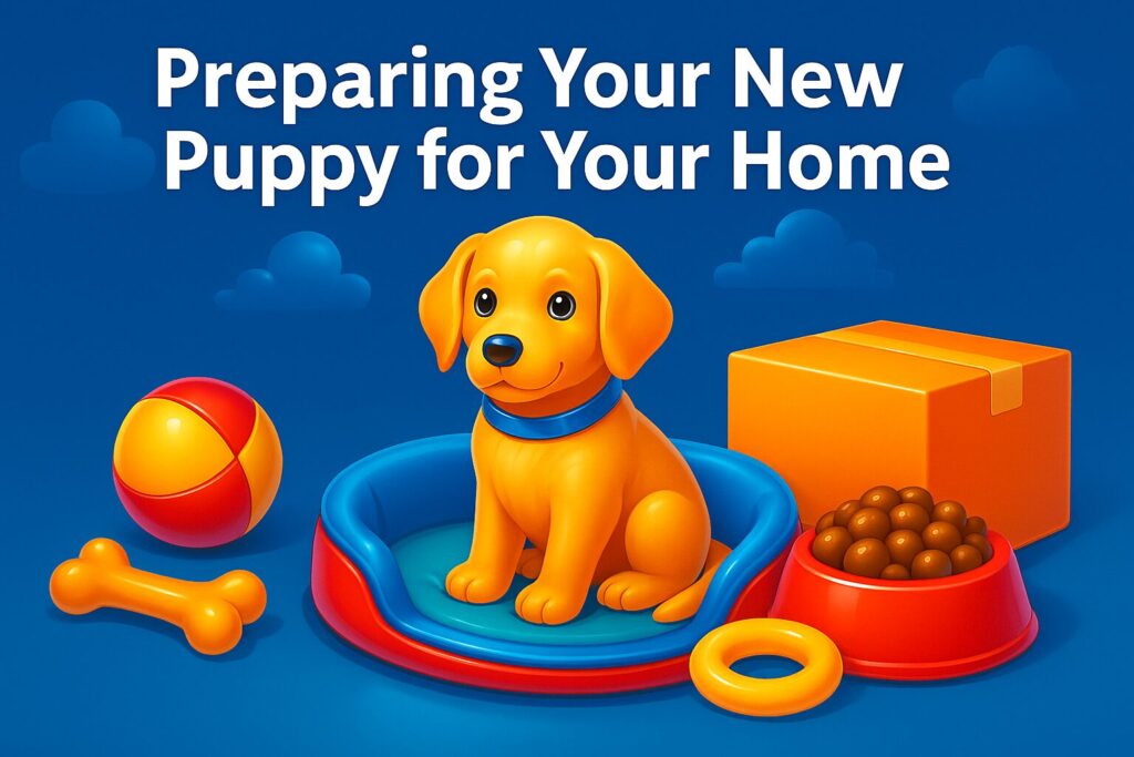 A happy puppy explores its new home environment with a cozy bed, colorful toys, and a smiling owner nearby — symbolizing calm, successful acclimation to a household. Exemplifying how to help a new puppy adjust to your home