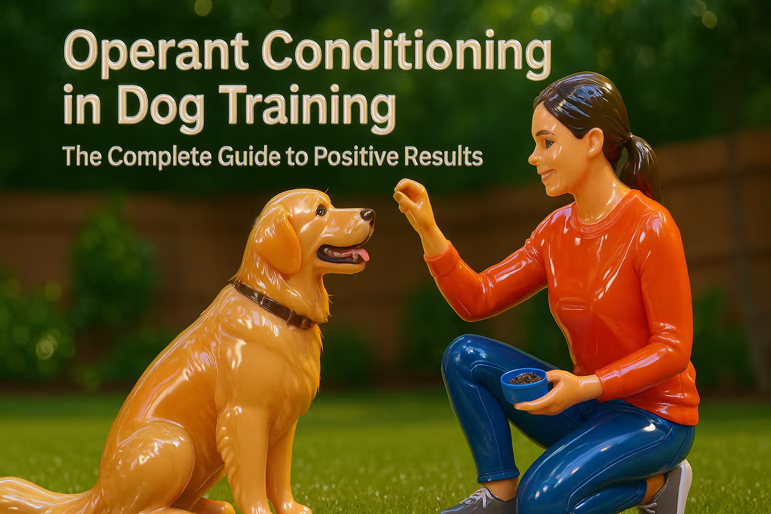 Plastic-shine 3D CGI scene showing a woman positively reinforcing a golden retriever with a treat, demonstrating operant conditioning in dog training.