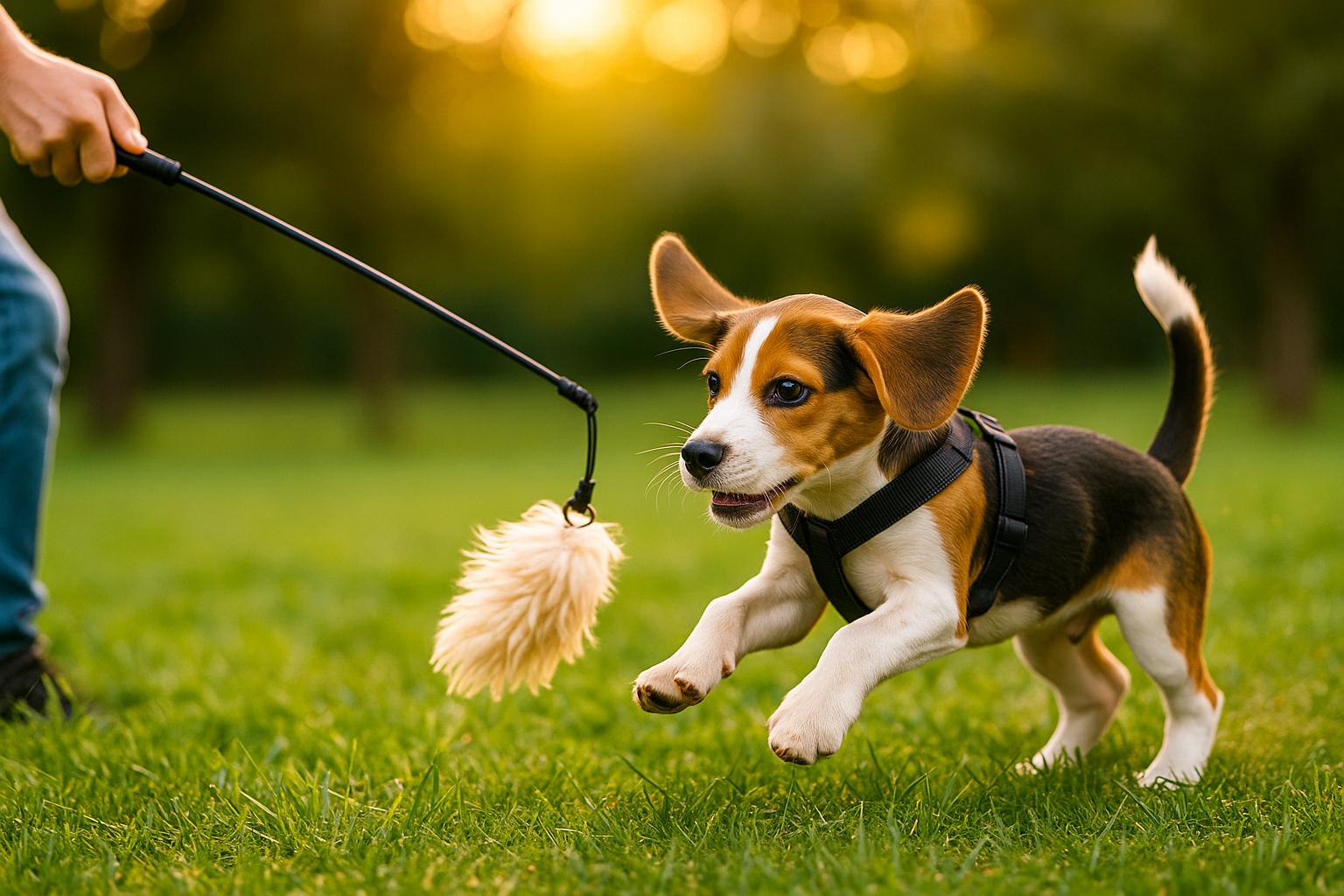 A dog chasing a flirt pole