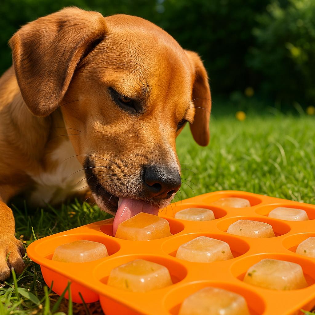 A cute puppy eagerly licking a frozen broth treat on a hot summer day.