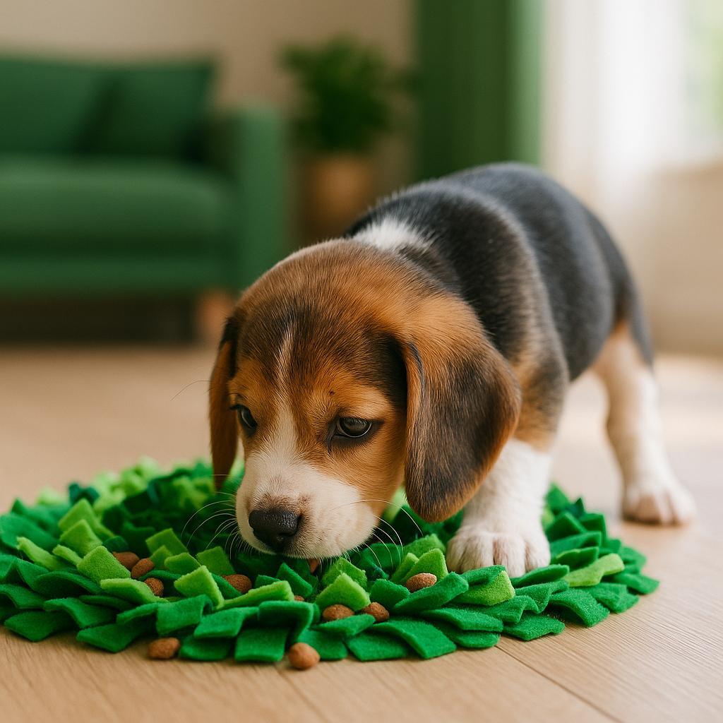 Puppy foraging calmly through a fleece snuffle mat on a non-slip station