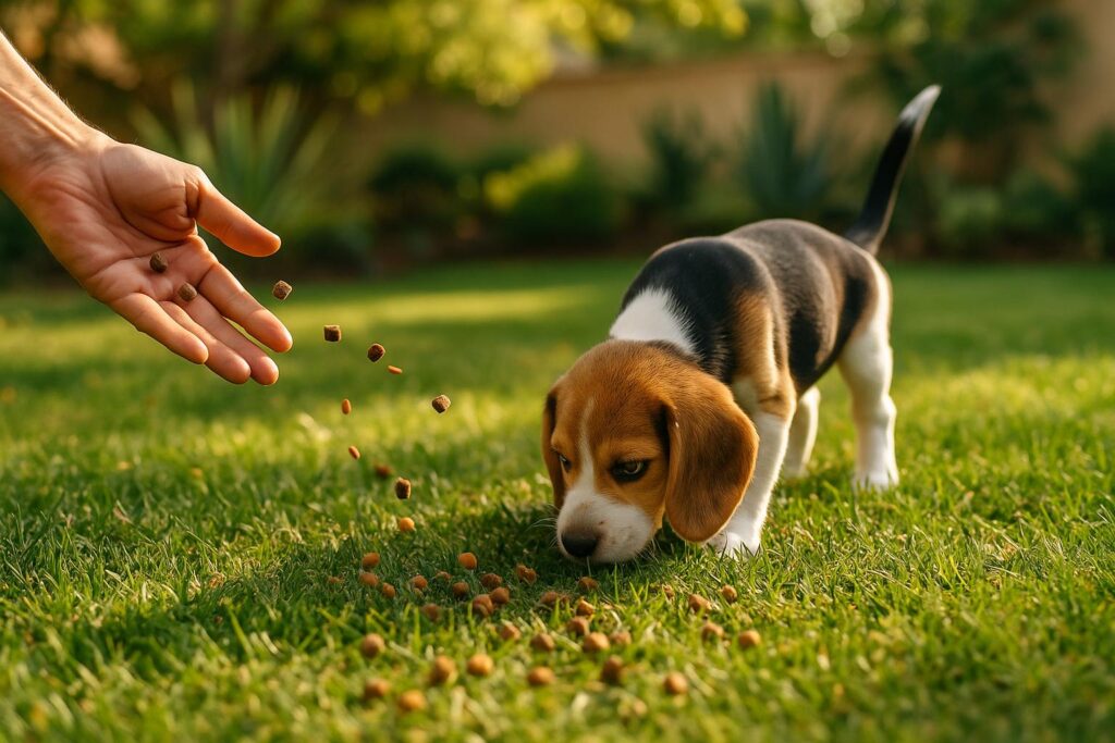Beagle puppy sniffing kibble scattered on a green lawn while a hand tosses more pieces