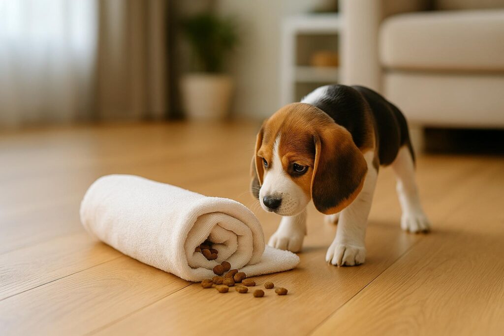 Beagle puppy sniffing a rolled towel “treat burrito” with kibble spilling out on a wooden floor indoors