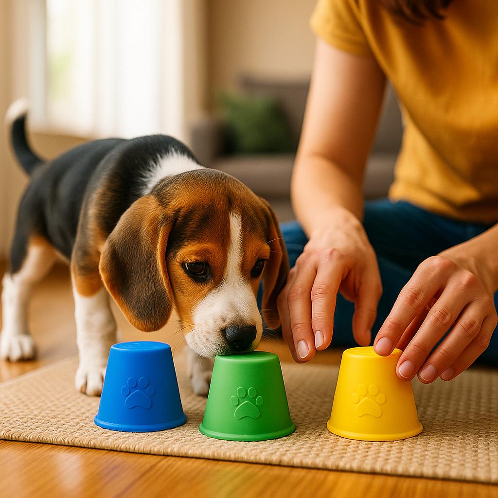 Puppy playing the shell game with colorful cups indoors