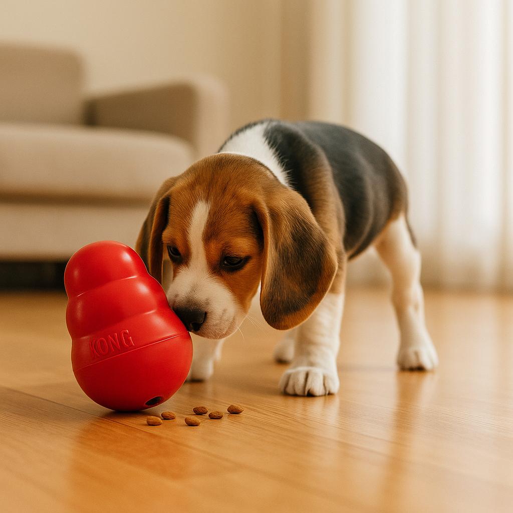 Beagle puppy batting a red food-dispensing wobbler toy to knock out kibble on a hardwood floor