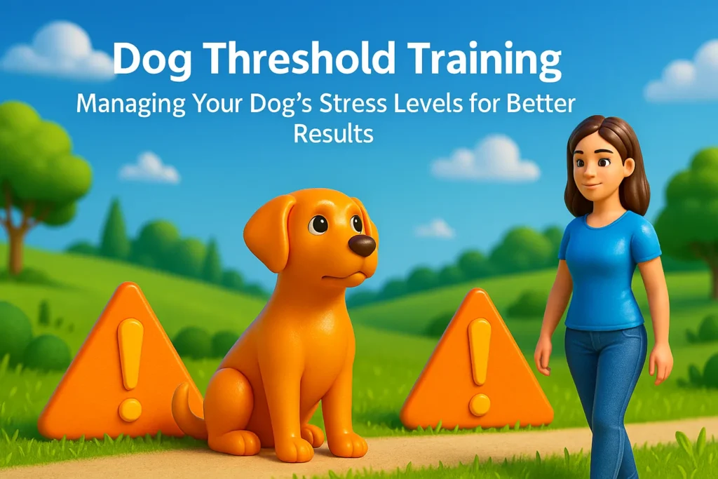 Woman training dog outdoors using dog threshold training techniques to manage stress