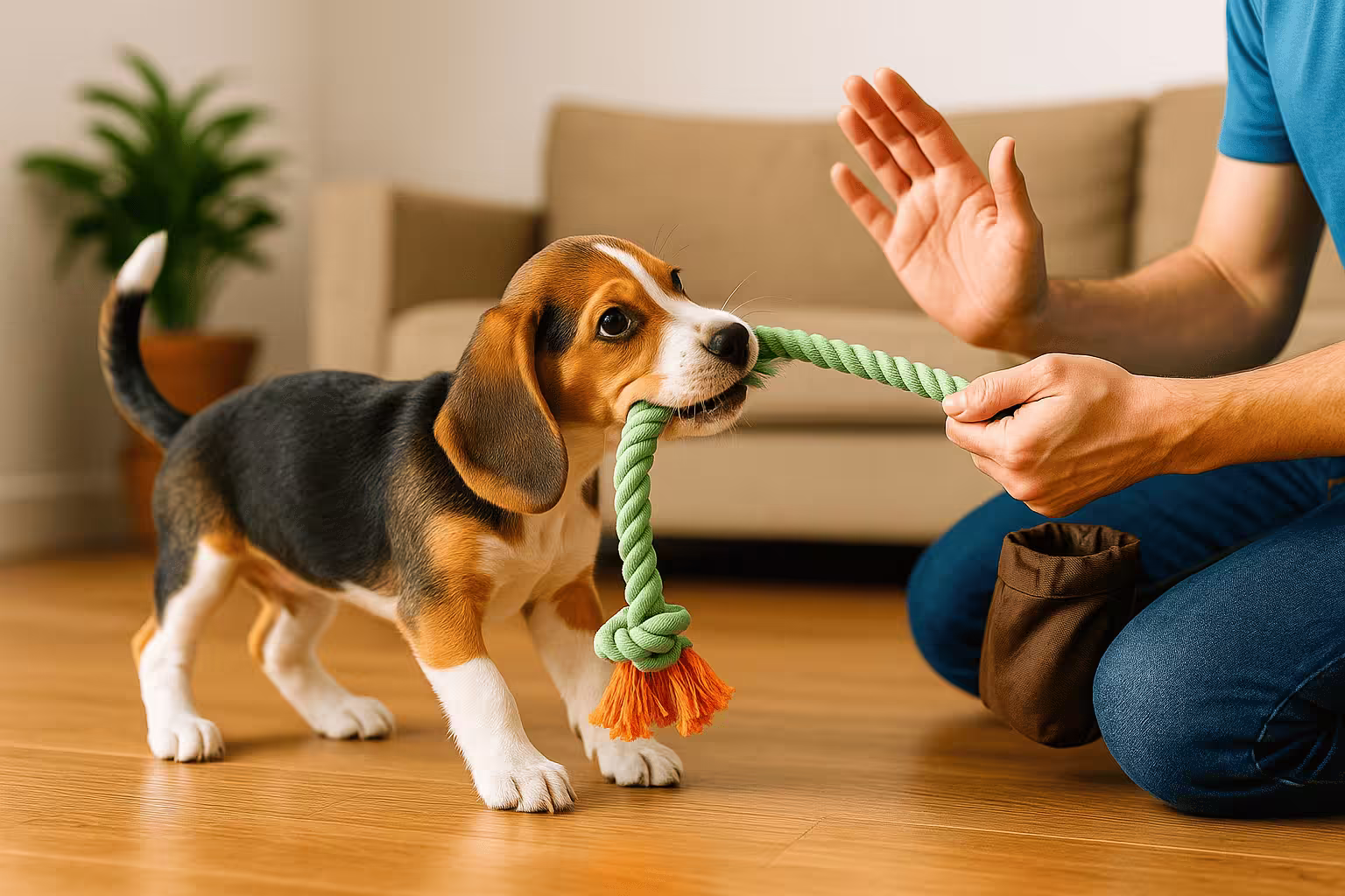 A puppy touching its nose to a person's hand.
