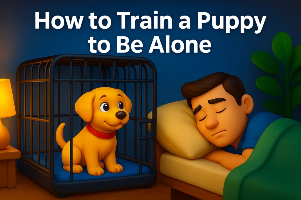 Golden puppy in crate watching owner sleep peacefully, illustrating alone-time training with positive reinforcement and how to train a puppy to be alone without anxiety.

