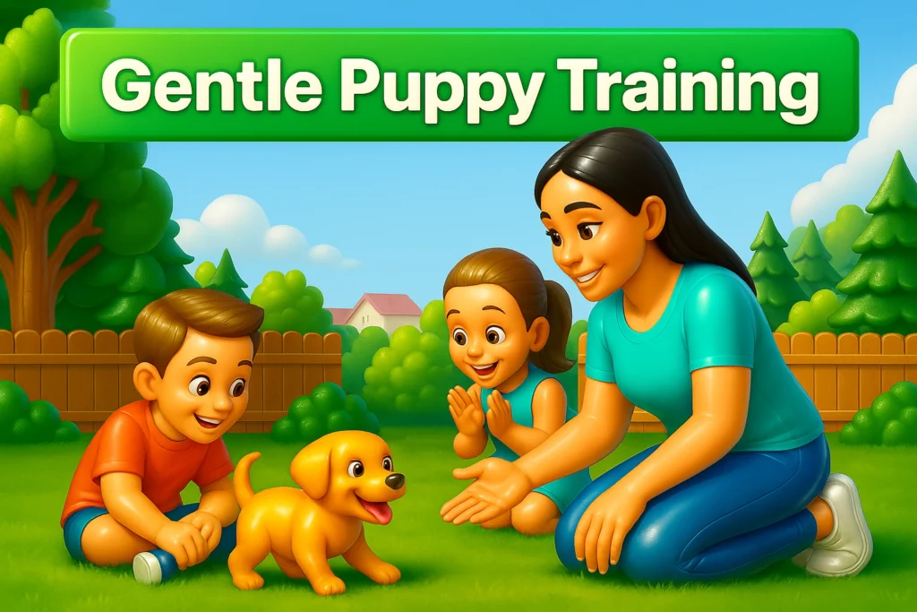Children and woman joyfully playing with a happy puppy in a fenced backyard, displaying How to Teach a Puppy to Be Gentle with Kids Using Positive Reinforcement