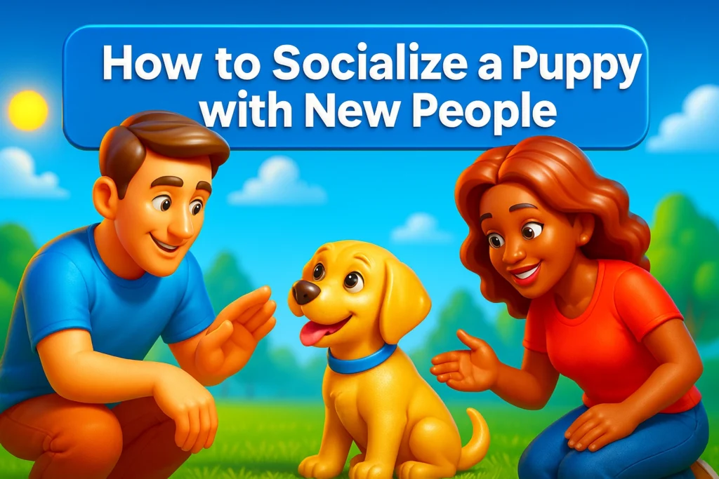 Two friendly adults socializing a happy puppy outdoors on a sunny day, colorful CGI style, portreying how to socialize a shy puppy with strangers