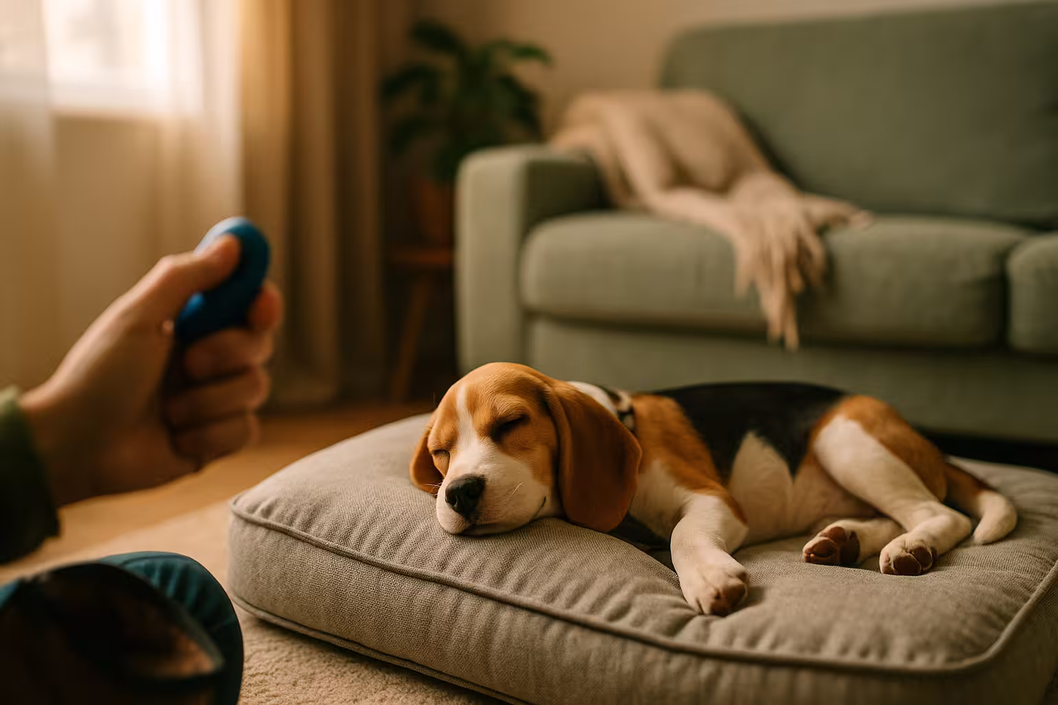 Owner turning away from a jumping dog.