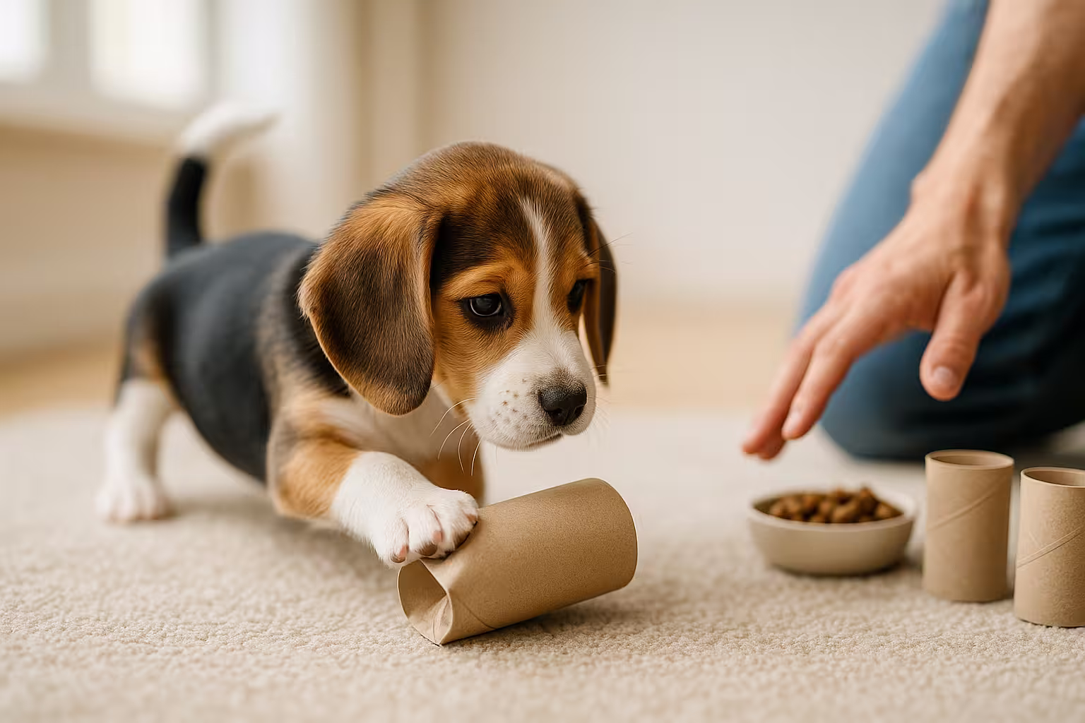 Happy dog playing with a cardboard tube, an easy DIY dog enrichment toy.