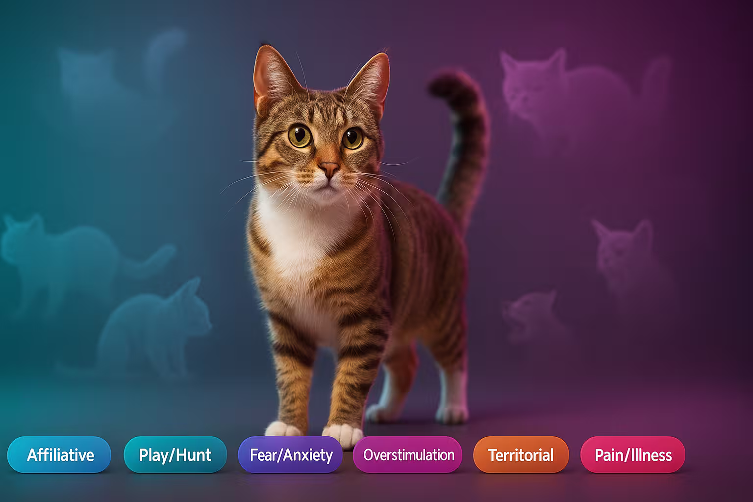 A cat body language chart showing a happy cat with tail up, a playful cat in a pounce position, and an angry cat with a puffed tail.