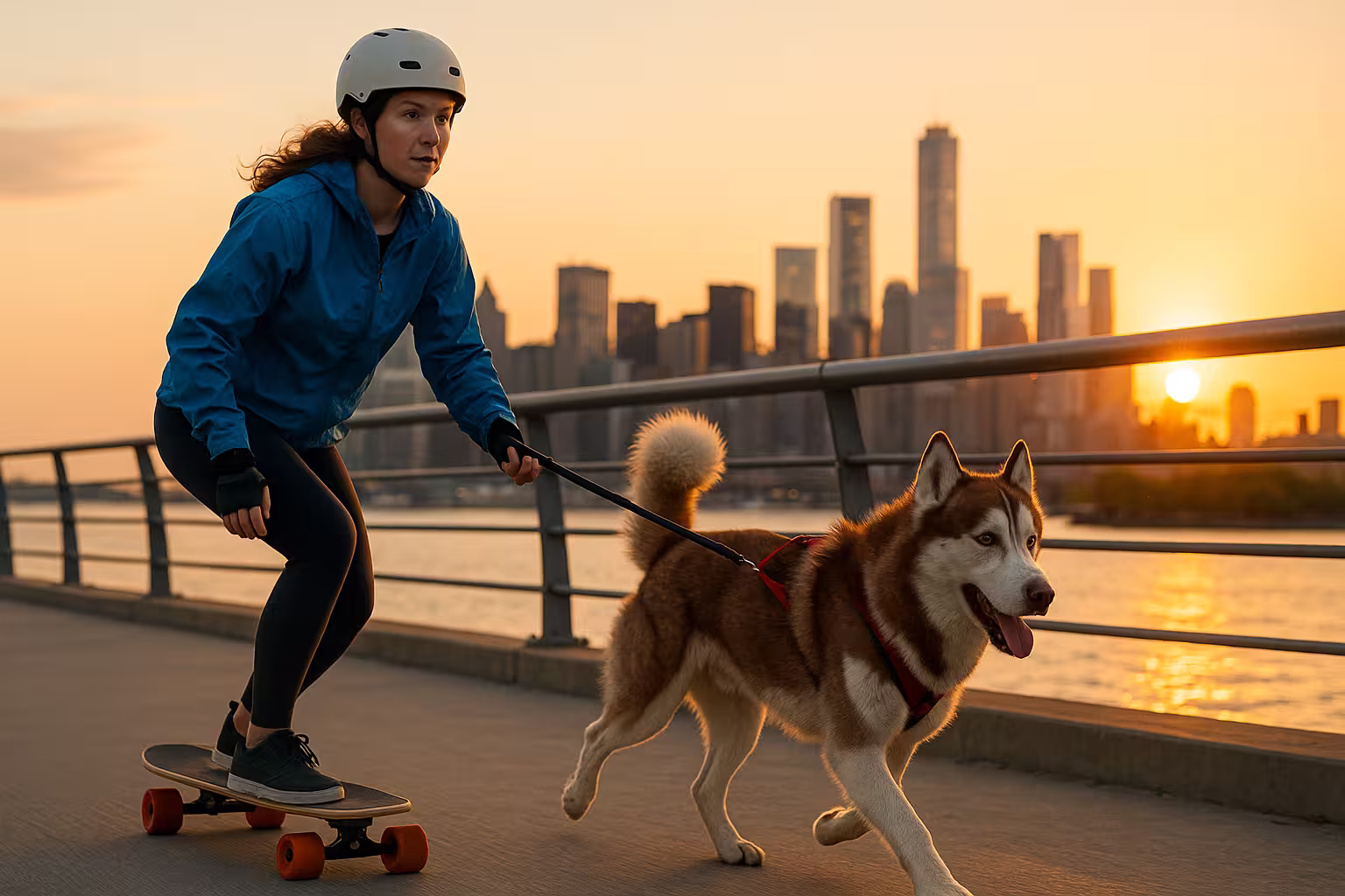 Woman skatejoring with her dog