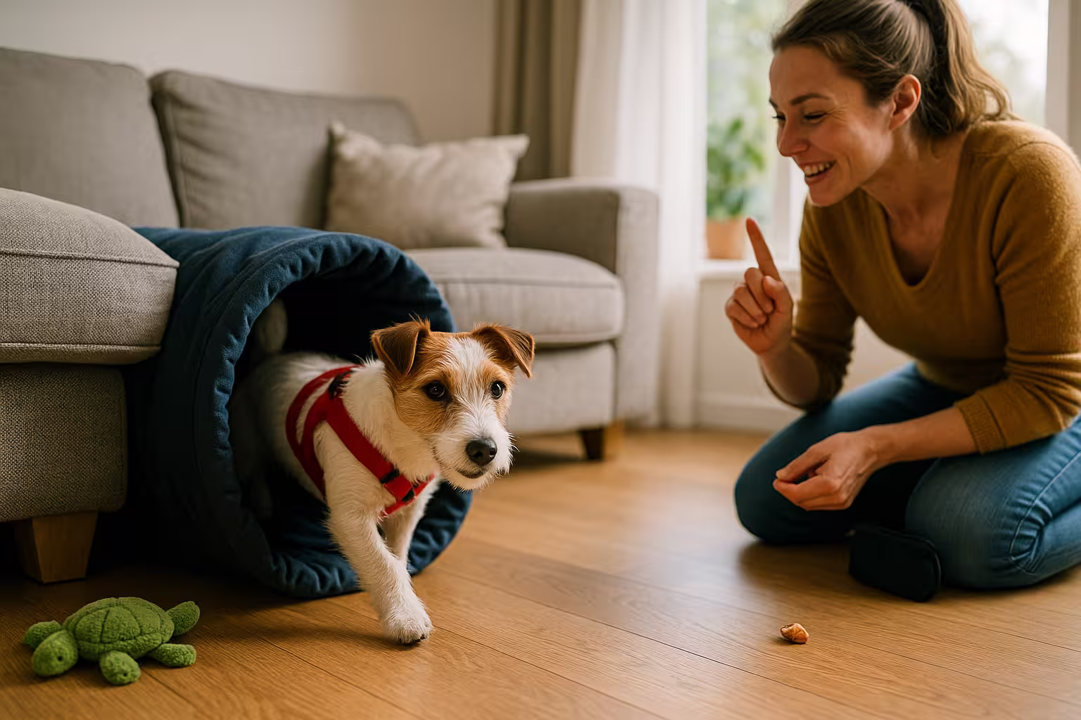 Burrow Tube Recalls — A dog calmly receiving a treat after exiting a blanket fort tunnel.