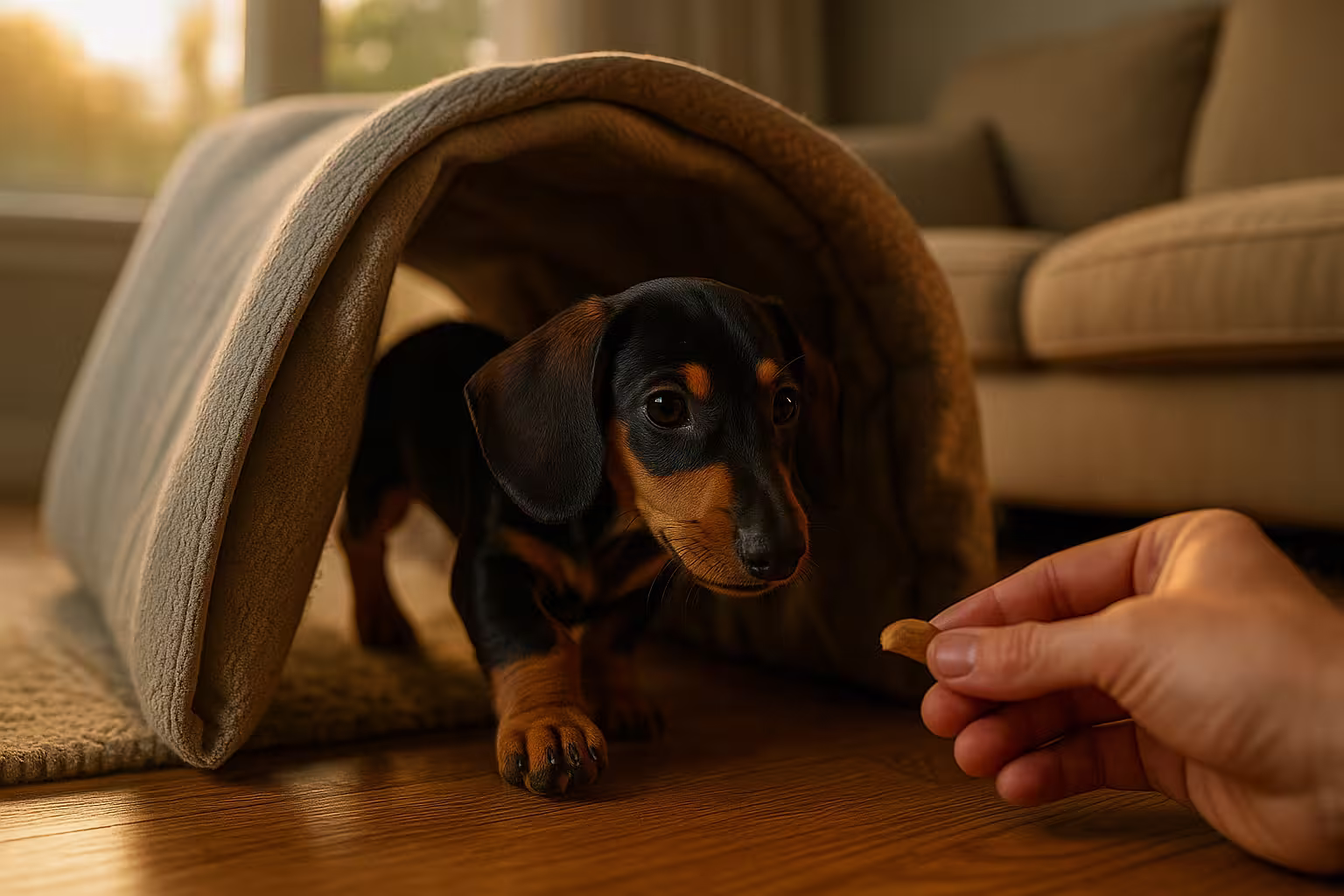 Burrow Tube Recalls — A person happily calling their dog from the end of a cushion tunnel.