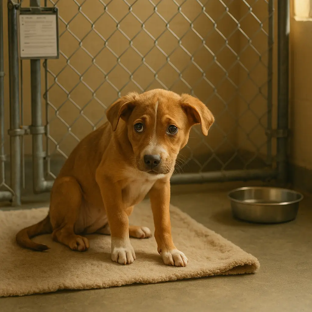 A fearful puppy crouching on the floor.