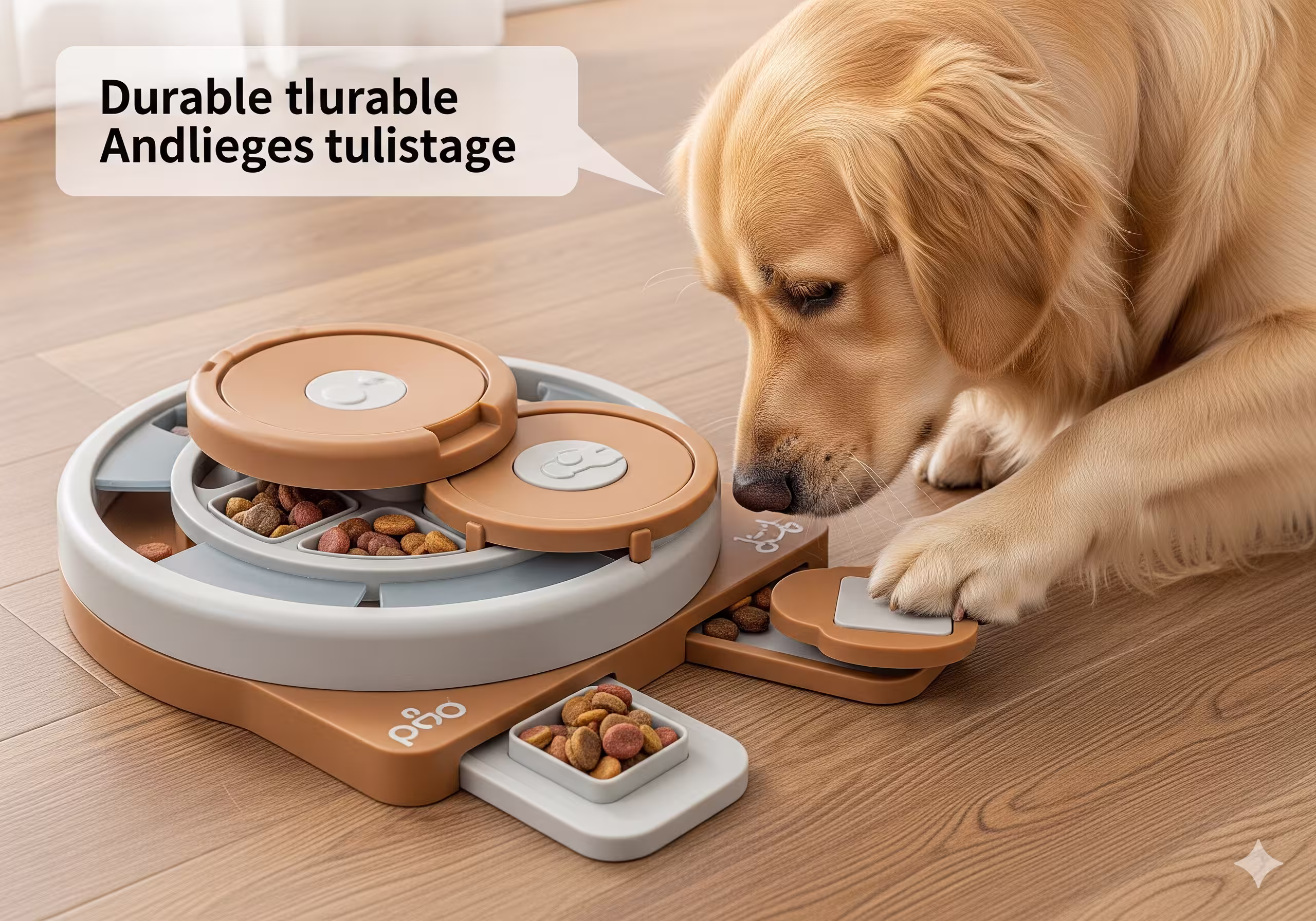 Two-step puzzle with sliding cover then lift tab for beginner-plus dogs